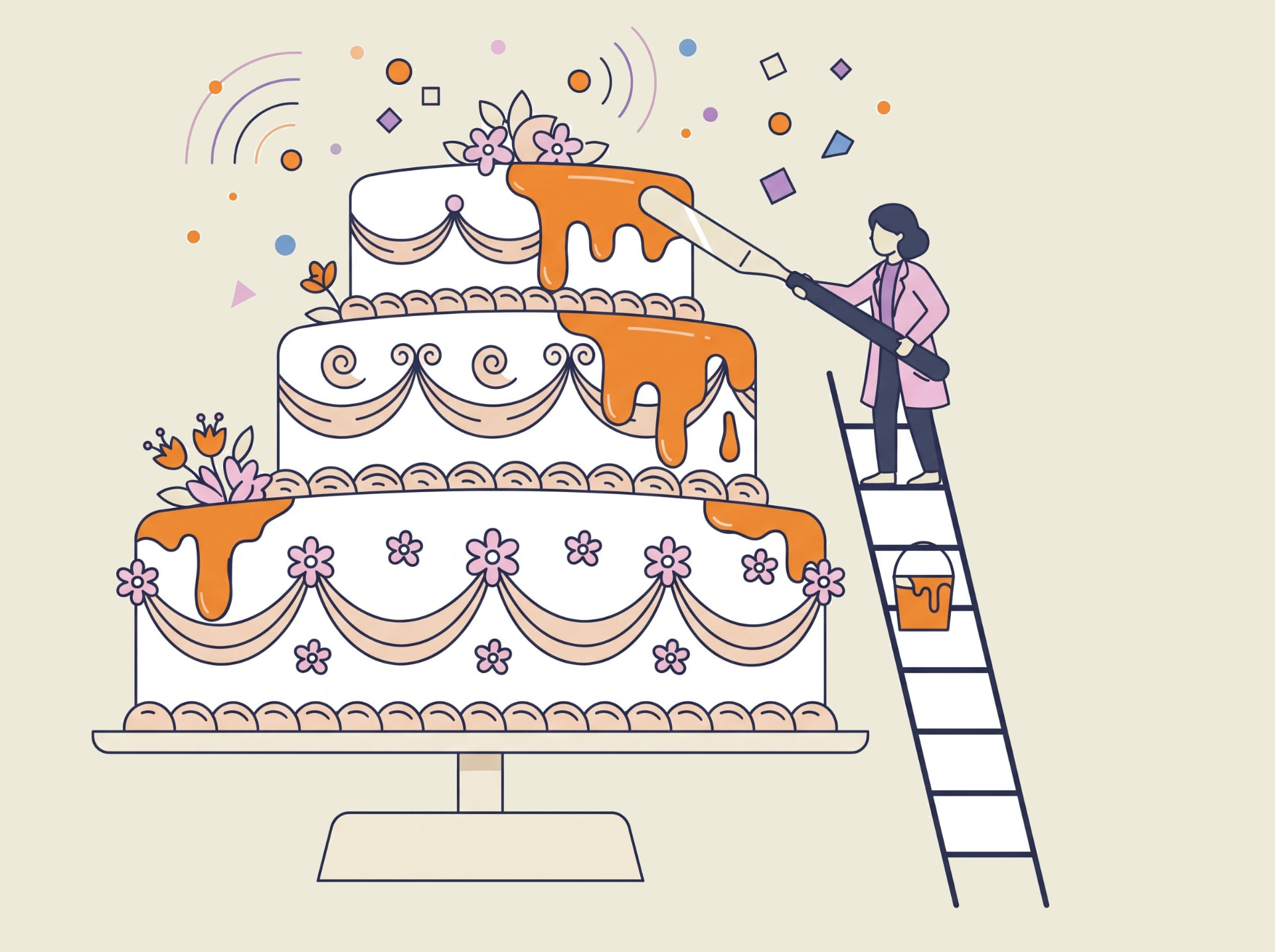 Illustration of a small woman on a ladder icing a large three-tier cake.